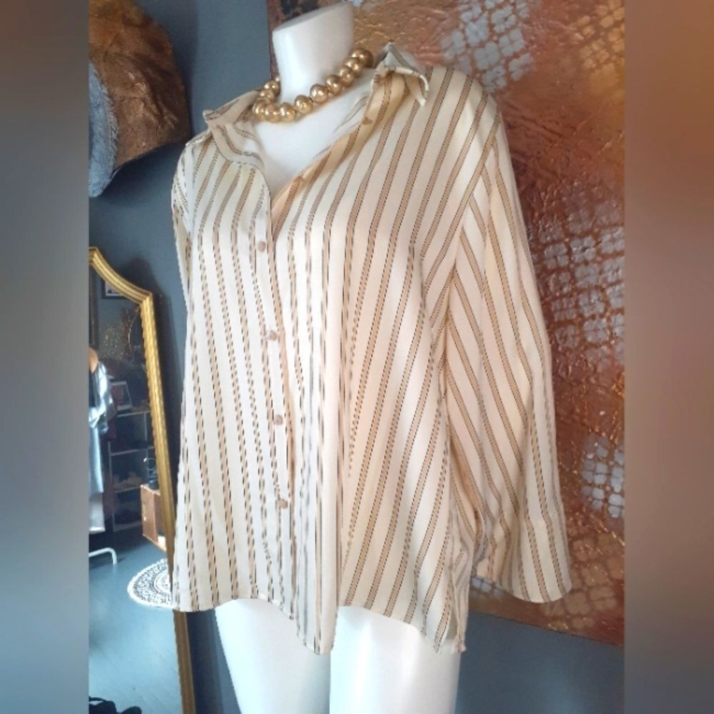 Zara Oversized Striped Cream Button-Up Blouse